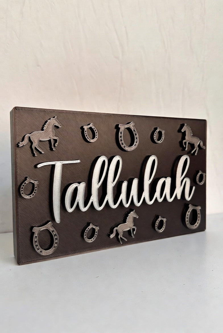 Personalised 3D Printed Horse Name Plate - Prancing Stallions Design (Custom Tallulah Example)