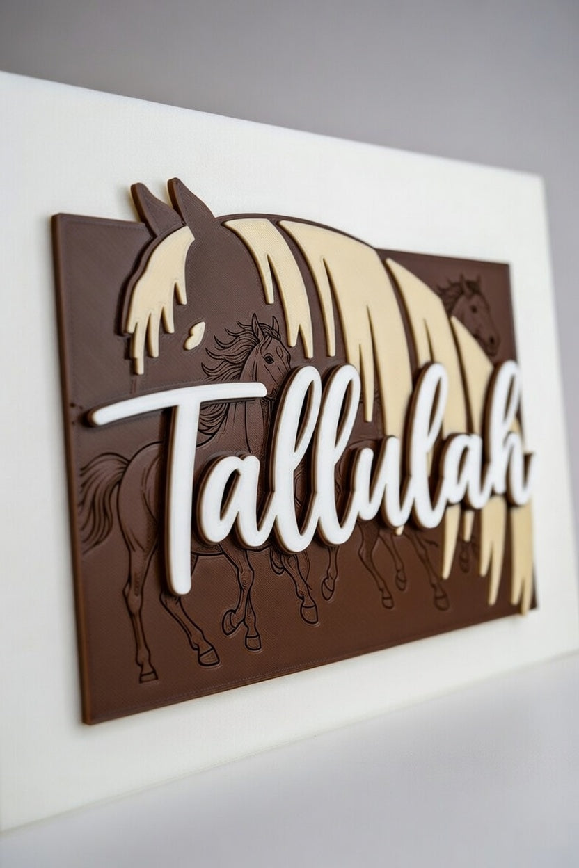 Personalised 3D Printed Horse Name Plate - Prancing Stallions Design (Custom Tallulah Example)