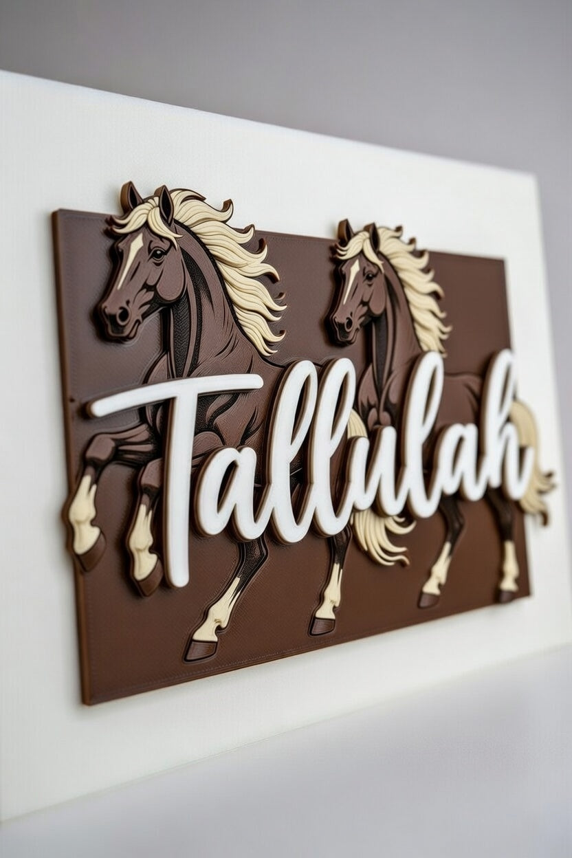 Personalised 3D Printed Horse Name Plate - Prancing Stallions Design (Custom Tallulah Example)